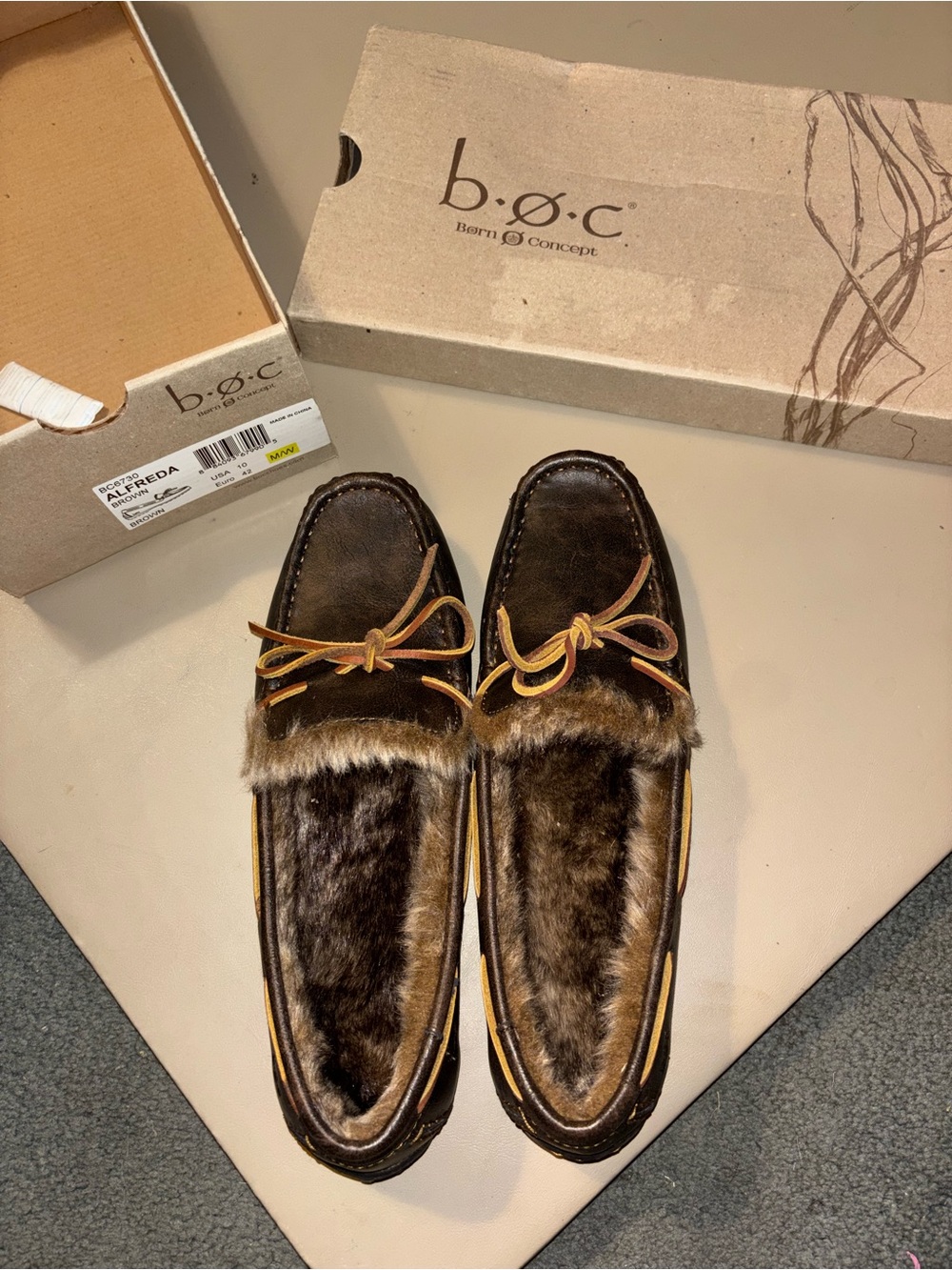 b.o.c. Brown Faux-Fur Lined Moccasin Slippers with Tan Laces